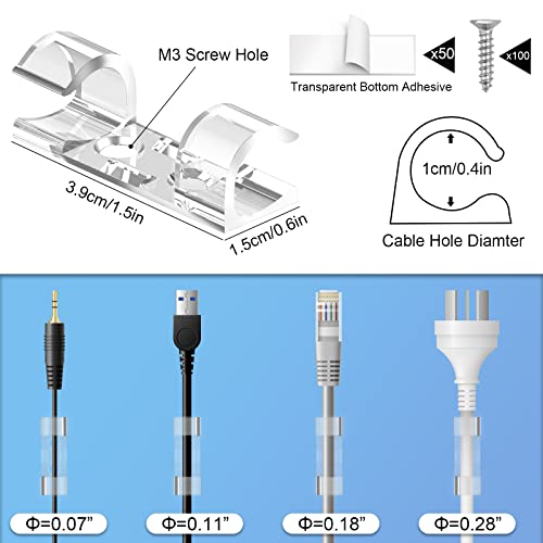 50 Pcs Heavy Duty Cable Clips Transparent with 100 Screws, Attom Tech Clear Self-Adhesive Cable Organizer Cord Management System, Clear Desktop Cable Organizer [50 pc]