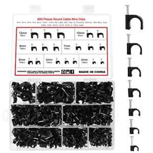 ocr 600pcs circle cable clips with steel nail in black wire clips 4mm 5mm 6mm 7mm 8mm 10mm 12mm cord management for rg6, rg59, cat6, coax cable, ethernet, tv, telephone, printer cable