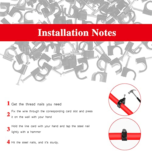 OCR 600pcs Circle Cable Clips with Steel Nail in Black Wire Clips 4mm 5mm 6mm 7mm 8mm 10mm 12mm Cord Management for RG6, RG59, CAT6, Coax Cable, Ethernet, TV, Telephone, Printer Cable