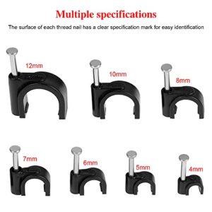 OCR 600pcs Circle Cable Clips with Steel Nail in Black Wire Clips 4mm 5mm 6mm 7mm 8mm 10mm 12mm Cord Management for RG6, RG59, CAT6, Coax Cable, Ethernet, TV, Telephone, Printer Cable