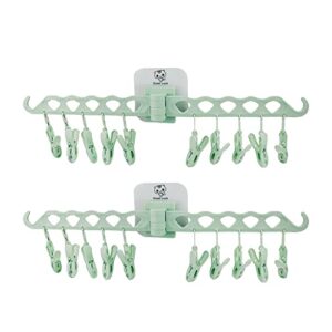 sscon 2packs foldable laundry hanger drying rack, self-adhesive plastic clothespin rack with 20 clips(light green)