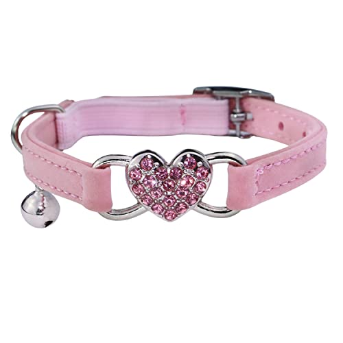 WDPAWS Heart Bling Cat Collar with Safety Belt and Bell Adjustable 8-10 inches for Kitten Cats (Pink)