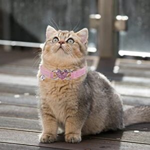 WDPAWS Heart Bling Cat Collar with Safety Belt and Bell Adjustable 8-10 inches for Kitten Cats (Pink)