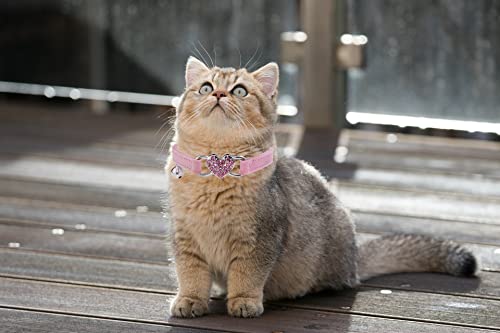 WDPAWS Heart Bling Cat Collar with Safety Belt and Bell Adjustable 8-10 inches for Kitten Cats (Pink)