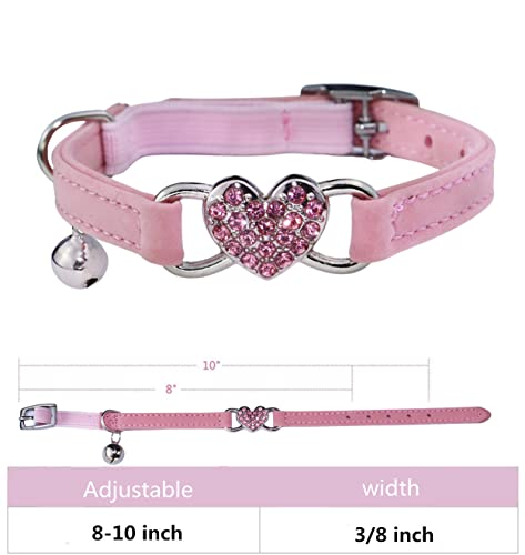 WDPAWS Heart Bling Cat Collar with Safety Belt and Bell Adjustable 8-10 inches for Kitten Cats (Pink)