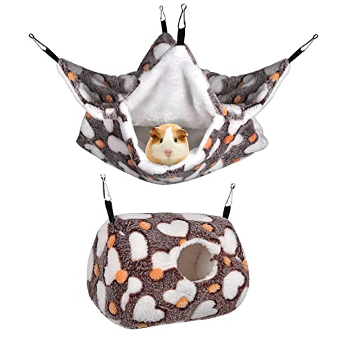 Petmolico 2 Pack Small Animal Hanging Hammocks, Warm Plush Bunkbed Hammock and Hideout Bed for Hamster Gerbil Small Rats Sugar Glider Hedgehog, Coffee Heart