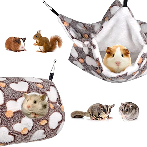 Petmolico 2 Pack Small Animal Hanging Hammocks, Warm Plush Bunkbed Hammock and Hideout Bed for Hamster Gerbil Small Rats Sugar Glider Hedgehog, Coffee Heart