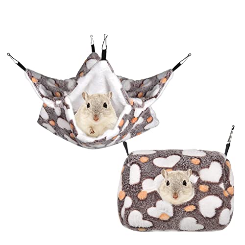 Petmolico 2 Pack Small Animal Hanging Hammocks, Warm Plush Bunkbed Hammock and Hideout Bed for Hamster Gerbil Small Rats Sugar Glider Hedgehog, Coffee Heart