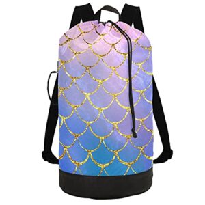 mermaid fish scales laundry backpack bag with shoulder straps extra large hanging laundry hamper for college dorm travel camp