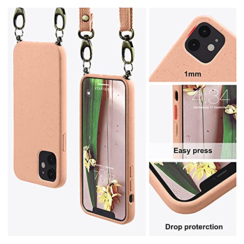 ABITKU Biodegradable Crossbody Phone Case Compatible with iPhone 12 / iPhone 12 Pro 6.1 inches (2020), Eco-Friendly Compostable Soft Cover with Adjustable & Detachable Lanyard (Pink)