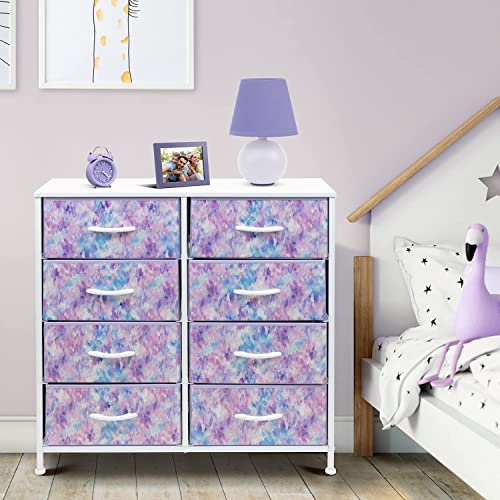 Sorbus Dresser with 8 Drawers - Furniture Storage Chest Tower Unit for Bedroom, Hallway, Closet, Office Organization - Steel Frame, Wood Top, Easy Pull Fabric Bins (8-Drawer, Tie-dye Blue/Pink/Purple)