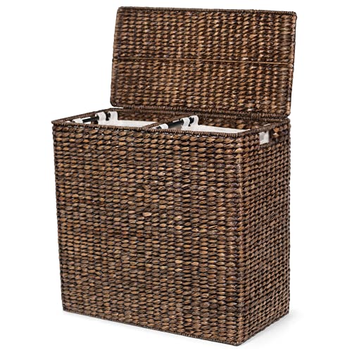 BirdRock Home Oversized Divided Hamper with Liners and Lid - Brown Wash - Handwoven Natural Woven Seagrass Fiber - Organize Clothes Storage - Easy Transport - Extra Large Double Basket - 2 Liners