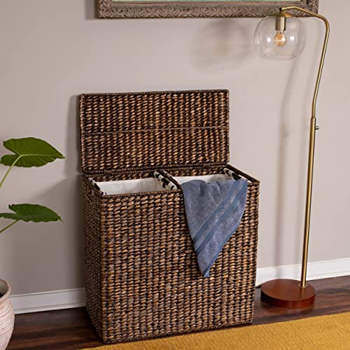 BirdRock Home Oversized Divided Hamper with Liners and Lid - Brown Wash - Handwoven Natural Woven Seagrass Fiber - Organize Clothes Storage - Easy Transport - Extra Large Double Basket - 2 Liners