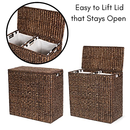 BirdRock Home Oversized Divided Hamper with Liners and Lid - Brown Wash - Handwoven Natural Woven Seagrass Fiber - Organize Clothes Storage - Easy Transport - Extra Large Double Basket - 2 Liners