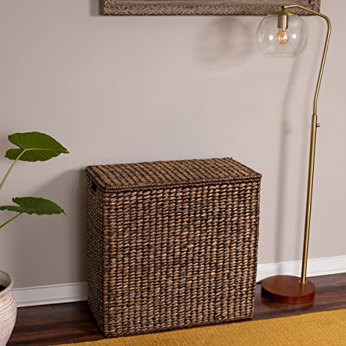 BirdRock Home Oversized Divided Hamper with Liners and Lid - Brown Wash - Handwoven Natural Woven Seagrass Fiber - Organize Clothes Storage - Easy Transport - Extra Large Double Basket - 2 Liners