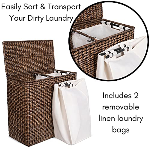 BirdRock Home Oversized Divided Hamper with Liners and Lid - Brown Wash - Handwoven Natural Woven Seagrass Fiber - Organize Clothes Storage - Easy Transport - Extra Large Double Basket - 2 Liners