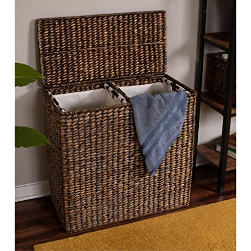 BirdRock Home Oversized Divided Hamper with Liners and Lid - Brown Wash - Handwoven Natural Woven Seagrass Fiber - Organize Clothes Storage - Easy Transport - Extra Large Double Basket - 2 Liners