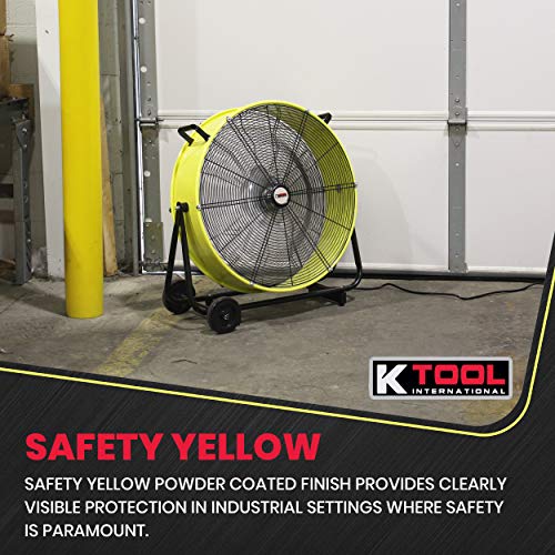 K Tool International 77740; 24 Inch Fan; Heavy Duty Commercial Fan, 2 Speed Motor, Ideal Air Circulator for Greenhouse, Garage, and Patio; Rubber Wheels for Easy Mobility, 6,940 Max CFM, Safety Yellow