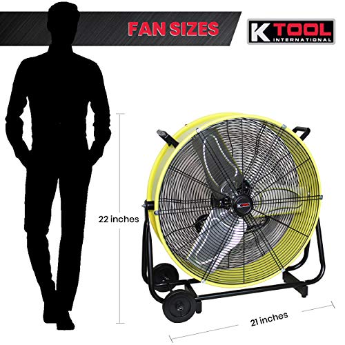 K Tool International 77740; 24 Inch Fan; Heavy Duty Commercial Fan, 2 Speed Motor, Ideal Air Circulator for Greenhouse, Garage, and Patio; Rubber Wheels for Easy Mobility, 6,940 Max CFM, Safety Yellow