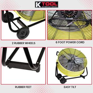 K Tool International 77740; 24 Inch Fan; Heavy Duty Commercial Fan, 2 Speed Motor, Ideal Air Circulator for Greenhouse, Garage, and Patio; Rubber Wheels for Easy Mobility, 6,940 Max CFM, Safety Yellow