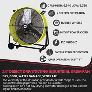 K Tool International 77740; 24 Inch Fan; Heavy Duty Commercial Fan, 2 Speed Motor, Ideal Air Circulator for Greenhouse, Garage, and Patio; Rubber Wheels for Easy Mobility, 6,940 Max CFM, Safety Yellow