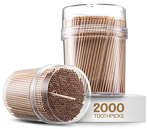 Prestee 2000ct Wooden Toothpicks + Reusable Toothpick Holder Container, Dark Wood - Sturdy Smooth Finish Bamboo Tooth Picks for Teeth, Party Cocktail Picks, Toothpicks for Appetizers, 100% Natural