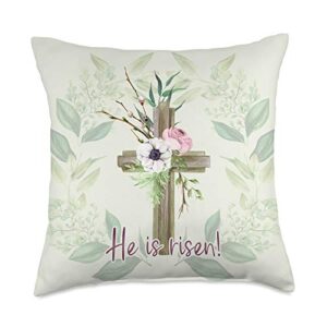 easter gifts & christian designs by nlts he has risen christian cross with anemone flowers throw pillow, 18x18, multicolor