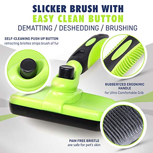 Rexipets Self Cleaning Slicker Brush- for Dogs, Cats & Pets-One Click Cleaning Function-Gentle & Effective Cat, Pet & Dog Hair Remover-Dog Grooming Accessories for Small, Medium & Large Dogs