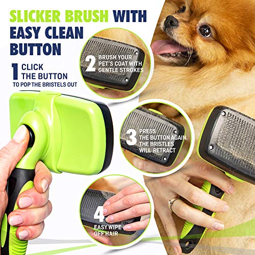 Rexipets Self Cleaning Slicker Brush- for Dogs, Cats & Pets-One Click Cleaning Function-Gentle & Effective Cat, Pet & Dog Hair Remover-Dog Grooming Accessories for Small, Medium & Large Dogs