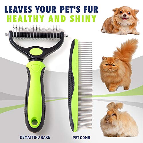 Rexipets Pet Dematting Grooming Set- 2 Sided Undercoat Rake + Grooming Comb For Dogs And Pets- Safe And Easy Mats & Tangles Removing