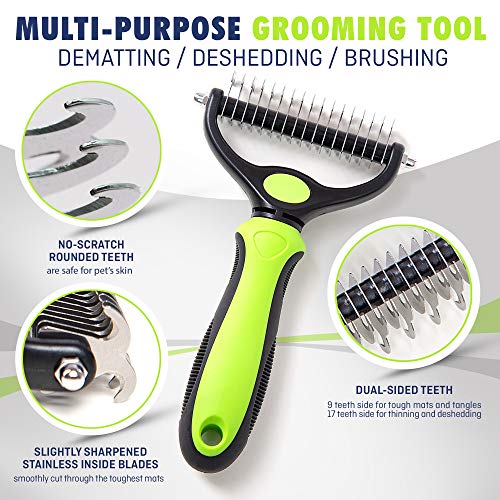 Rexipets Pet Dematting Grooming Set- 2 Sided Undercoat Rake + Grooming Comb For Dogs And Pets- Safe And Easy Mats & Tangles Removing