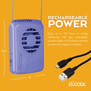 O2COOL Rechargeable Personal Necklace Fan – 3 Speed with Adjustable Lanyard, USB Charger, Purple