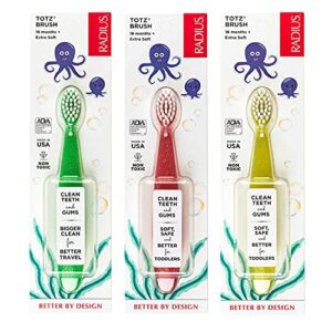 radius totz toothbrush extra soft brush bpa free & ada accepted designed for delicate teeth & gums for children 18 months & up - green coral yellow - pack of 3
