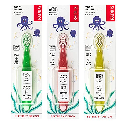 RADIUS Totz Toothbrush Extra Soft Brush BPA Free & ADA Accepted Designed for Delicate Teeth & Gums for Children 18 Months & Up - Green Coral Yellow - Pack of 3