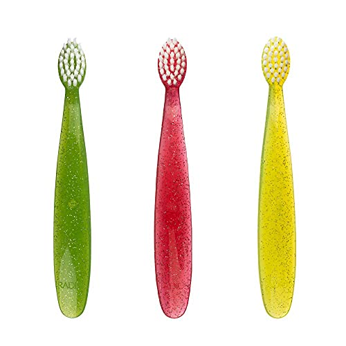 RADIUS Totz Toothbrush Extra Soft Brush BPA Free & ADA Accepted Designed for Delicate Teeth & Gums for Children 18 Months & Up - Green Coral Yellow - Pack of 3