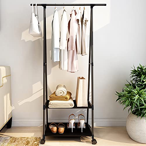 Clothes Rack Clothing Drying Rack, Rolling Garment Rack for Hanging Clothes, Small Industrial Metal Pipe Stand Coat Racks on Wheels with 2 Tier Shelves for Bedroom, Laundry, Entryway and Living Room