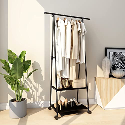 Clothes Rack Clothing Drying Rack, Rolling Garment Rack for Hanging Clothes, Small Industrial Metal Pipe Stand Coat Racks on Wheels with 2 Tier Shelves for Bedroom, Laundry, Entryway and Living Room