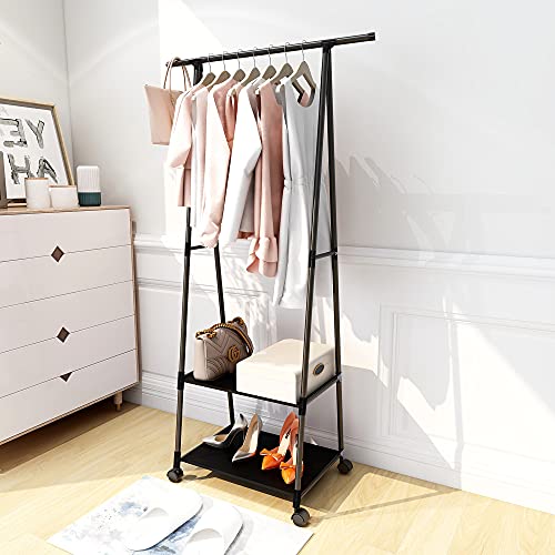 Clothes Rack Clothing Drying Rack, Rolling Garment Rack for Hanging Clothes, Small Industrial Metal Pipe Stand Coat Racks on Wheels with 2 Tier Shelves for Bedroom, Laundry, Entryway and Living Room