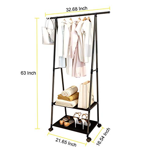 Clothes Rack Clothing Drying Rack, Rolling Garment Rack for Hanging Clothes, Small Industrial Metal Pipe Stand Coat Racks on Wheels with 2 Tier Shelves for Bedroom, Laundry, Entryway and Living Room