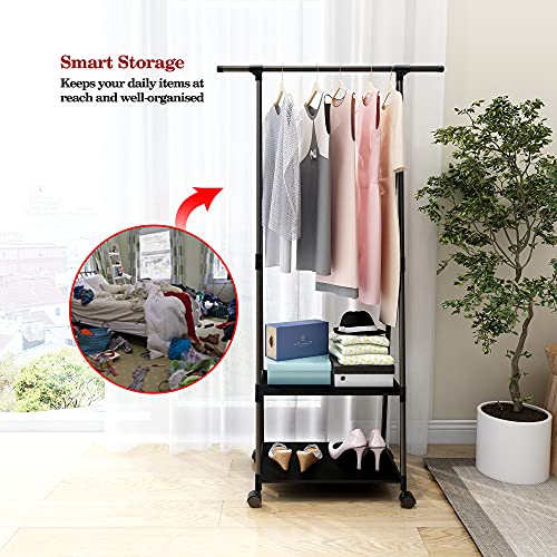 Clothes Rack Clothing Drying Rack, Rolling Garment Rack for Hanging Clothes, Small Industrial Metal Pipe Stand Coat Racks on Wheels with 2 Tier Shelves for Bedroom, Laundry, Entryway and Living Room