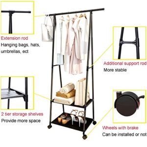 Clothes Rack Clothing Drying Rack, Rolling Garment Rack for Hanging Clothes, Small Industrial Metal Pipe Stand Coat Racks on Wheels with 2 Tier Shelves for Bedroom, Laundry, Entryway and Living Room