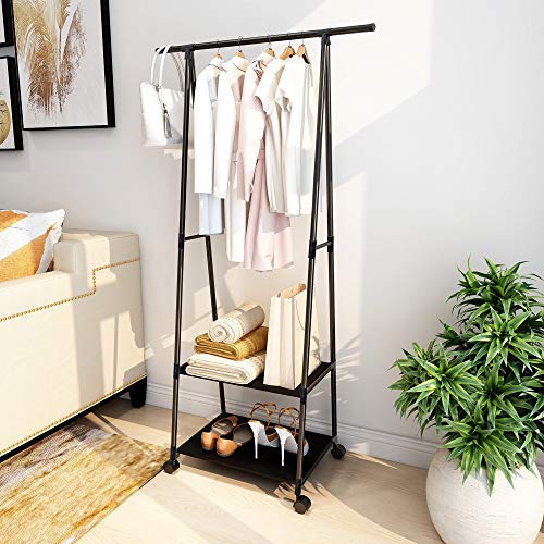 Clothes Rack Clothing Drying Rack, Rolling Garment Rack for Hanging Clothes, Small Industrial Metal Pipe Stand Coat Racks on Wheels with 2 Tier Shelves for Bedroom, Laundry, Entryway and Living Room