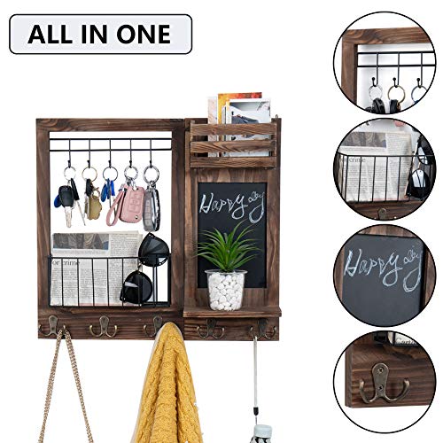 Dhmkfly Key Holder, Wall Mail Key Holder Wooden Hanging Mail Storage for Entryway Mail Holder, Wall Decorative with 5 Double Hooks and Chalkboard (Burnt Paulownia)