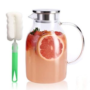 kanwone 75oz glass pitcher with stainless steel lid and spout, heat resistant borosilicate glass water carafe for sun tea, lemonade, homemade juice, milk or hot beverages