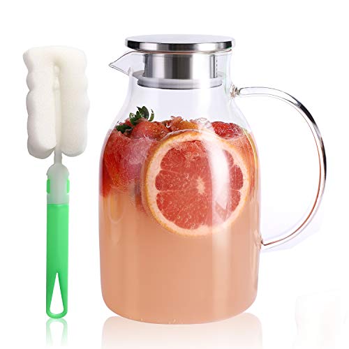 Kanwone 75oz Glass Pitcher with Stainless Steel Lid and Spout, Heat Resistant Borosilicate Glass Water Carafe for Sun Tea, Lemonade, Homemade Juice, Milk or Hot Beverages