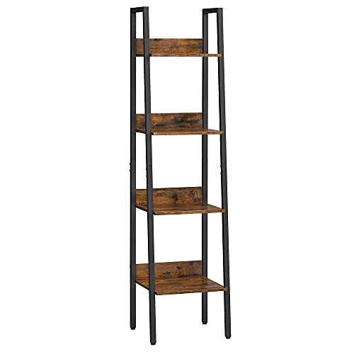 VASAGLE Bookshelf, 4-Tier Ladder Shelf, Freestanding Storage Shelves, for Home Office Living Room Bedroom Kitchen, Steel Frame, Simple Assembly, Industrial, Rustic Brown and Black ULLS108B01