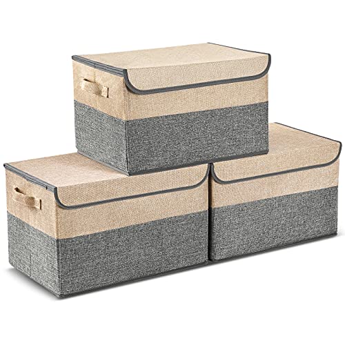 E-MANIS Storage Bins with Lids set of 3 Foldable Storage Boxes with Lids Storage Baskets Storage Containers Organizers with for Toys,Clothes and Books Grey and Beige