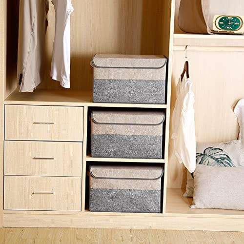 E-MANIS Storage Bins with Lids set of 3 Foldable Storage Boxes with Lids Storage Baskets Storage Containers Organizers with for Toys,Clothes and Books Grey and Beige