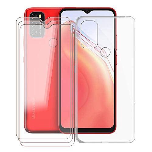 Phone Case for Blackview A70 (6.52"), with [3 x Tempered Glass Protective Film], KJYF Clear Soft TPU Shell Ultra-Thin [Anti-Scratch] [Anti-Yellow] Case for Blackview A70 - Clear