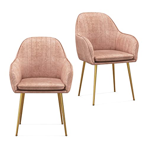 Giantex Modern Dining Chairs Set of 2 - Upholstered Arm Dining Chair with Steel Legs, Thick Sponge Seat, Non-Slipping Pads, Modern Leisure Chair for Dining Room, Living Room, Bedroom, Pink